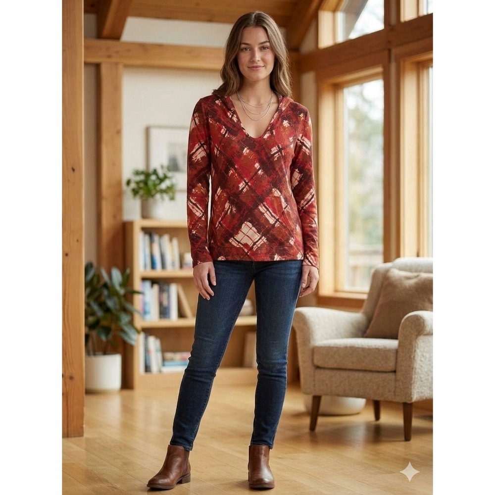 Title Nine Washable Wool Hoodie Red Plaid V-Neck Lightweight Sweater Womens M